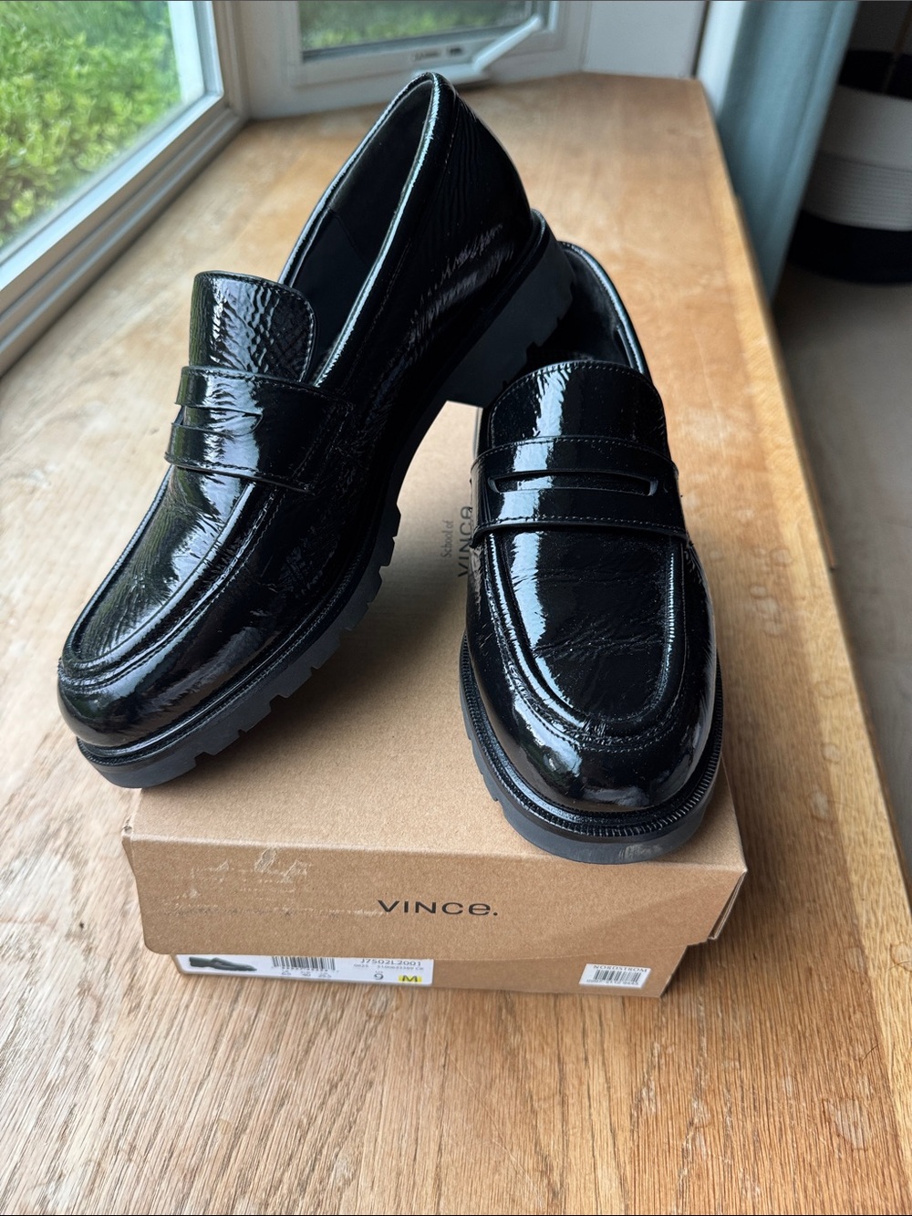 Vince Black Patent Leather Lug Sole Penny Loafers